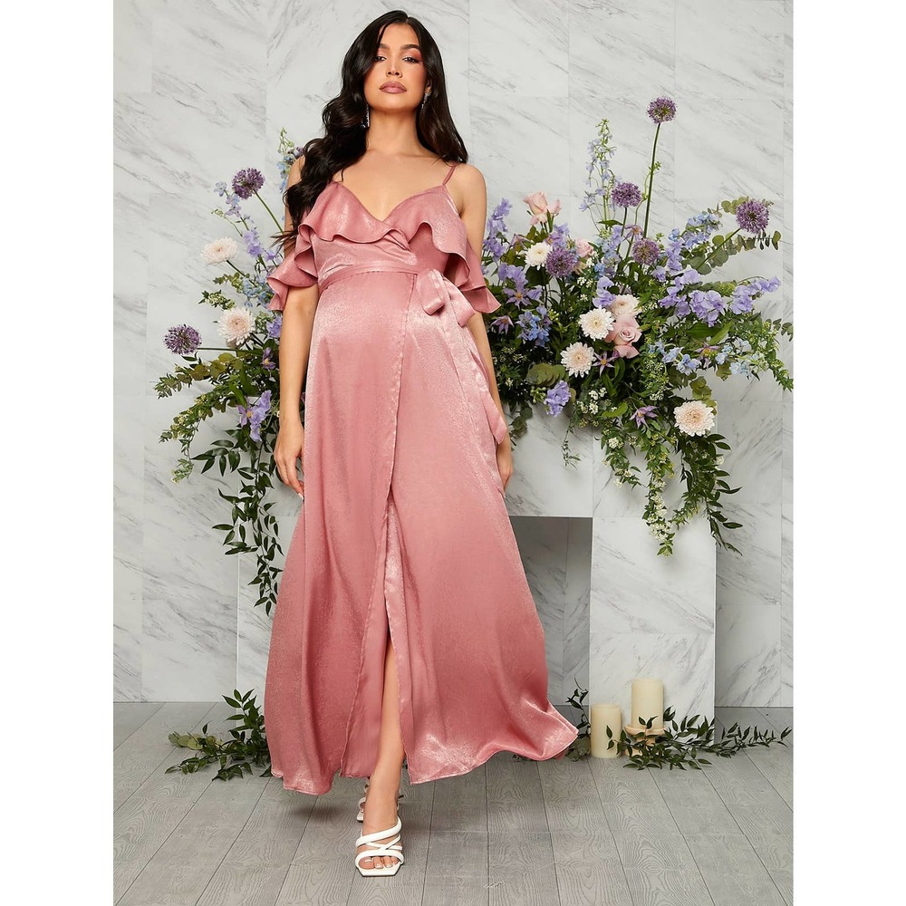 Maternity Cold Shoulder Ruffle Trim Knot Side Wrap Maxi Dress satin pink